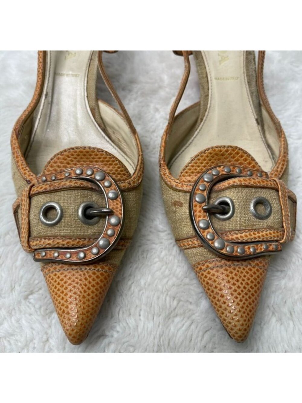 Vintage Prada Slingback Mules Size 36 Orange Snakeskin Leather Buckle Kitten Hee - Picture 2 of 15